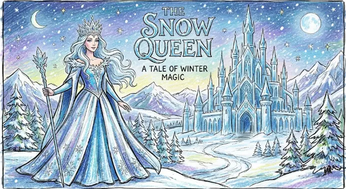 Illustration of the Snow Queen in a snowy landscape with a magical ice castle and winter trees Image depicting Gerda and the Snow Queen.
