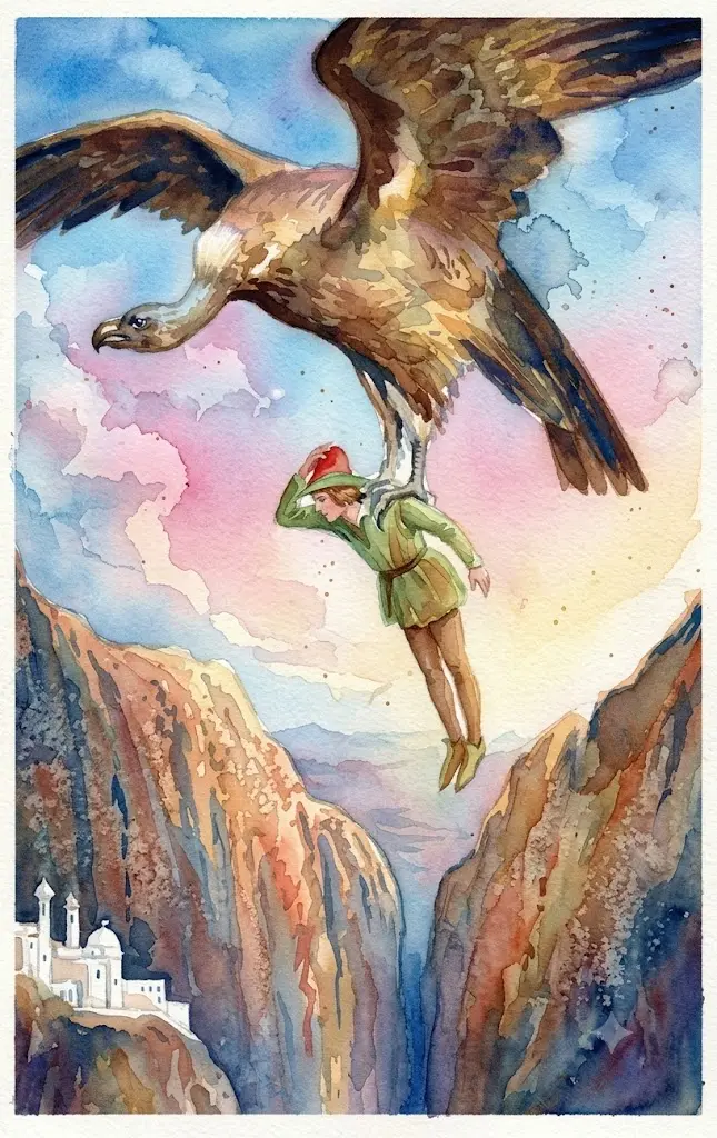 A large eagle flying over mountains carrying a person in green clothes and red hat Image depicting Rupert and the City of Fortune.